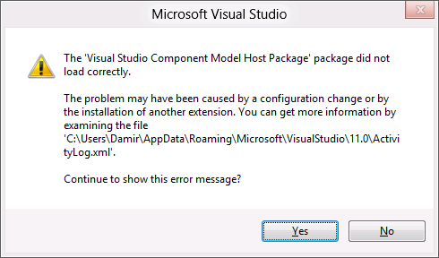 Error message on Visual Studio 11 startup