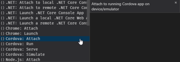 Cordova Attach configuration option