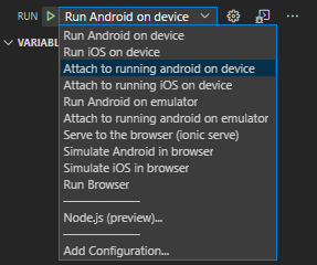 Dropdown with Cordova launch configurations