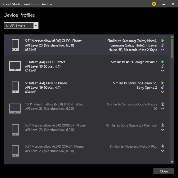 Visual Studio for Emulator Device Profiles