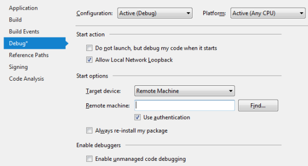 Debug page of project properties