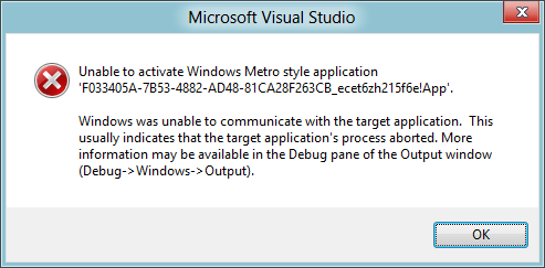 Unable to activate Windows Metro style application