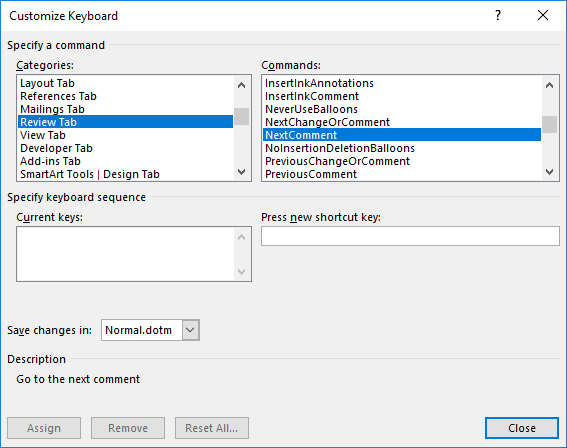 Customize Keyboard dialog in Word