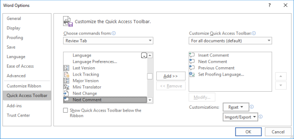 Quick Access Toolbar pane in Word Options