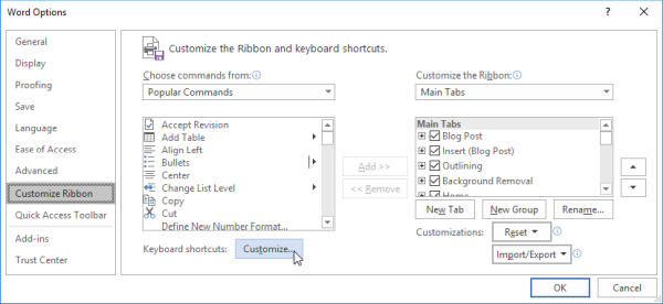 Access Customize Keyboard dialog from the Customize Ribbon pane in Word Options